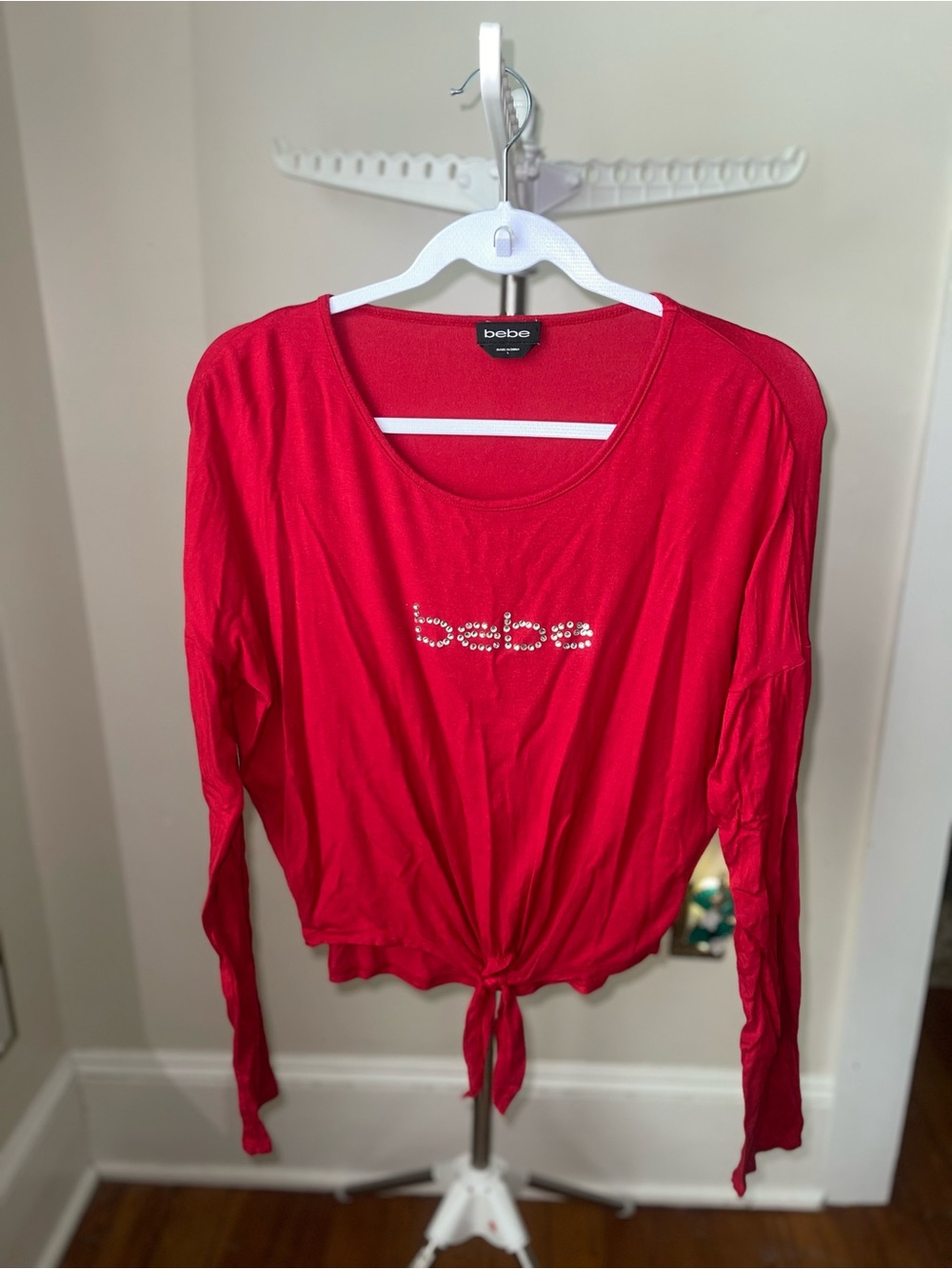 bebe Red Long-Sleeve Tie-Front Top with Rhinestone Logo Women’s Large